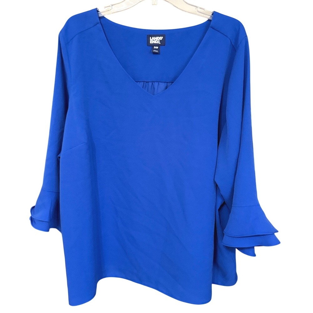 Lands End Blouse Womens 24W Blue V-Neck Tiered Bell Sleeve Office Career Top